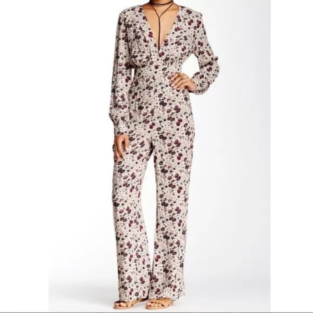 Free People Womens Some Like It Hot Jumpsuit 6 Beige Floral Long Sleeve Deep V